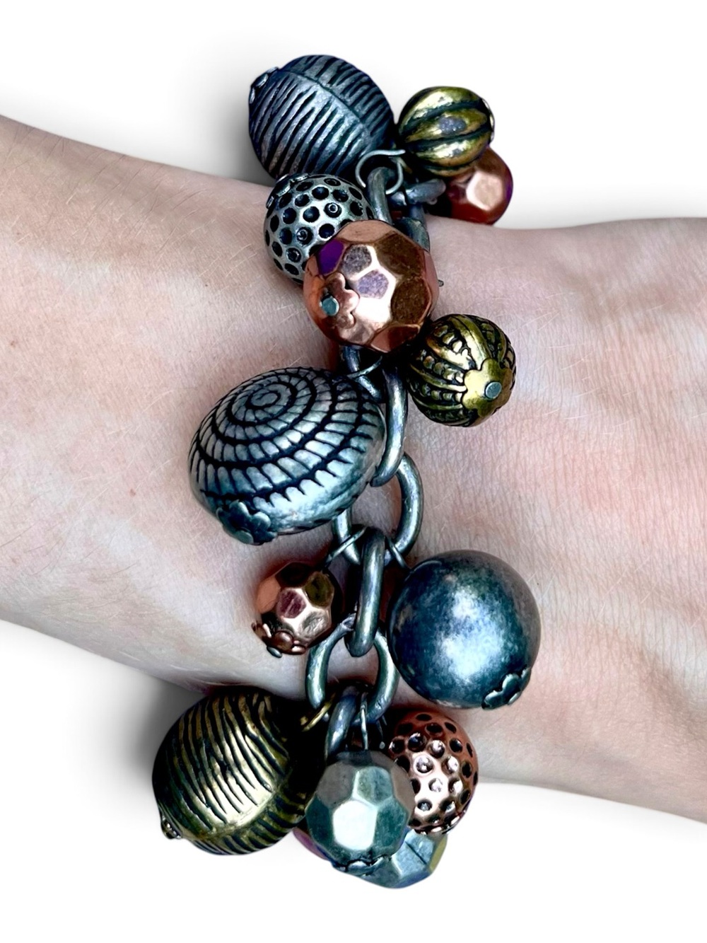 Vintage 70s Mixed Metal Chunky Textured Charm Bracelet With Toggle Clasp
